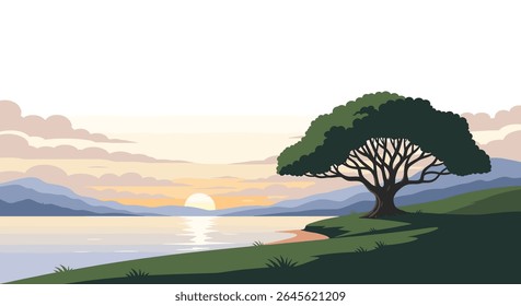 Serene Lakeside Sunrise with Majestic Tree