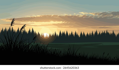 Serene Lakeside Sunrise com árvores silhuetadas e grama alta