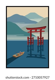 Serene Lakeside View con una puerta roja de Torii y distantes montañas azules