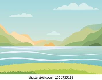 Serene Landscape with a Calm Lake and Lush Mountains