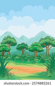 Serene landscape depicting a vibrant green forest with tall trees, grassy fields, and mountains in the background under a bright blue sky. Perfect for themes of nature, tranquility, and outdoor recrea