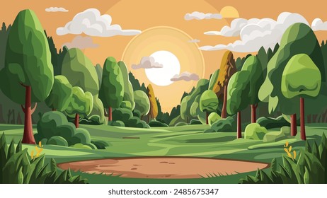 A serene landscape during sunset. The sky is painted with hues of orange and yellow, dotted with fluffy white clouds. Below, a dense forest of tall trees, varying in shapes and sizes, stretches out.