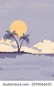 Serene landscape features palm trees silhouetted against soft purple sky sunrise, creating peaceful and inviting atmosphere perfect for travel and relaxation themes. Vector illustration.