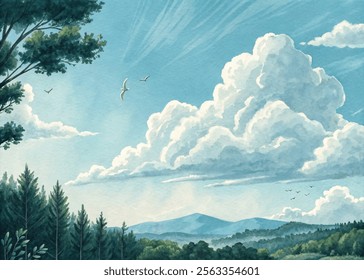 A serene landscape featuring fluffy clouds and distant mountains, perfect for nature-themed projects.