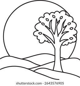 Serene Landscape Featuring a Fruit Tree Set Against a Full Moon Outlines of Rolling Hills and Minimalist Design Create a Peaceful Scene Suitable for Coloring Books or Graphic Art