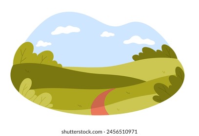 A serene landscape featuring green hills with a meandering path, lush trees, and a calm blue sky with soft clouds isolated