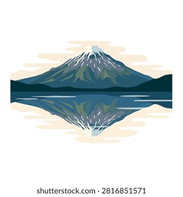 A serene landscape featuring the iconic Mount Fuji reflected perfectly in the still waters of a lake, with a soft sky.