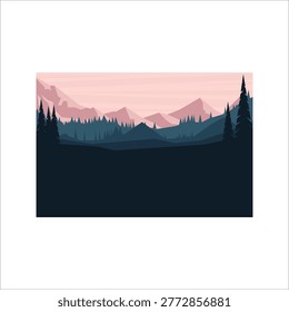 A serene landscape featuring layers of misty mountains under a soft pink sky. Dark silhouettes of pine forests create a striking contrast in the foreground.