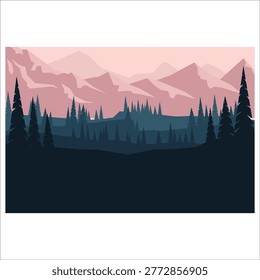 A serene landscape featuring layers of misty mountains under a soft pink sky. Dark silhouettes of pine forests create a striking contrast in the foreground.