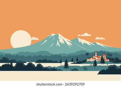 A serene landscape featuring mountains, a lake, buildings with red roofs, and a setting sun against an orange sky.
