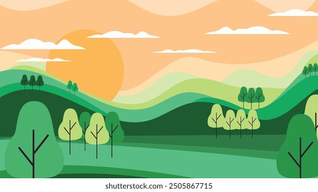Un paisaje sereno con colinas cubiertas de varios tonos de verde, que simboliza la exuberancia de la naturaleza.