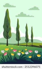 A serene landscape featuring tall trees and blooming wildflowers, created in a flat vector style. Ideal for nature-themed designs.