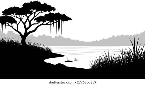 a serene landscape featuring a tree silhouette and swans on a lake shore