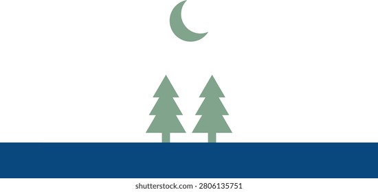 Serene landscape featuring two pine trees under a crescent moon with a calm water body
