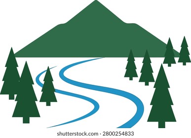 Serene landscape featuring a winding river surrounded by lush evergreen trees and mountains