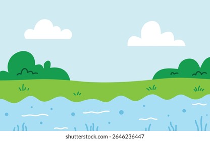 Serene Landscape With Green Hills, Fluffy White Clouds, And A Calm Blue River.
