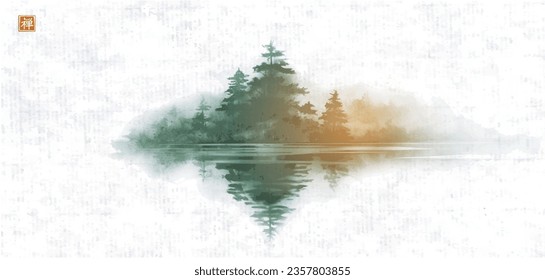 Serene landscape with green pine trees on misty island. Traditional oriental ink painting sumi-e, u-sin, go-hua on rice paper background.Translation of hieroglyph - zen.