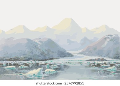 Serene landscape of icy mountains and calm waters. Snowy peaks and icy reflections create a tranquil, wintry scene. Peaceful, icy, and serene atmosphere. Vintage illustration isolated on white, vector