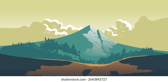 Ilustração serena da paisagem que retrata uma grande montanha com um pico coberto de neve, rodeado por uma densa floresta sempre verde, e um lago calmo no primeiro plano, tudo sob um céu nublado