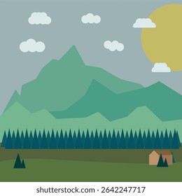 Ilustração serena paisagem com montanhas verdes, pinhal, pequena cabana, nuvens, e um grande sol amarelo — perfeito para os conceitos de natureza, viagens e aventura ao ar livre.









