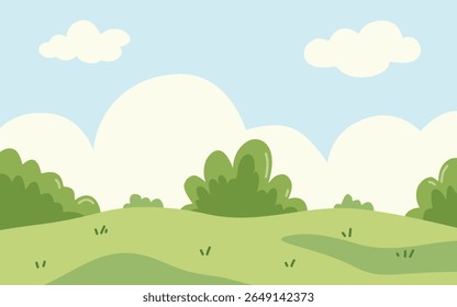 Ilustração serena paisagem com colinas verdes rolantes, arbustos exuberantes, e um céu azul brilhante pontilhado com nuvens brancas macias.