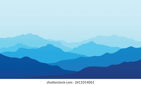 serene landscape of mountain ranges, simple, minimalist, vector, soft sky blue color palette. for background, wallpaper, banner, backdrop