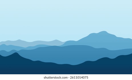 serene landscape of mountain ranges, simple, minimalist, vector, blue color palette. for background, wallpaper, banner, backdrop
