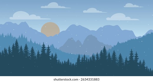 a serene landscape with mountains in the background, with a dense forest of evergreen trees, against a sky with snowflakes, a soft sun at the horizon casting a soft light, and a few scattered clouds.
