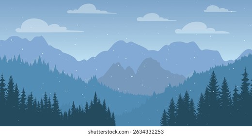 a serene landscape with mountains in the background, with a dense forest of evergreen trees, against a sky with snowflakes, and a few scattered clouds.