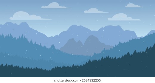 a serene landscape with mountains in the background, with a dense forest of evergreen trees, against a sky with snowflakes, and a few scattered clouds.