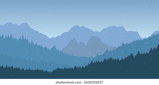 a serene landscape with mountains in the background, with a dense forest of evergreen trees, against a sky with snowflakes, and a few scattered clouds.