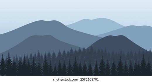 A serene landscape with mountains in blue shades and evergreen trees. Great for designs, wall art, and digital backgrounds.