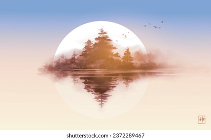 Serene landscape with pine trees on misty island and big moon. Traditional oriental ink painting sumi-e, u-sin, go-hua. Translation of hieroglyph - spirit.