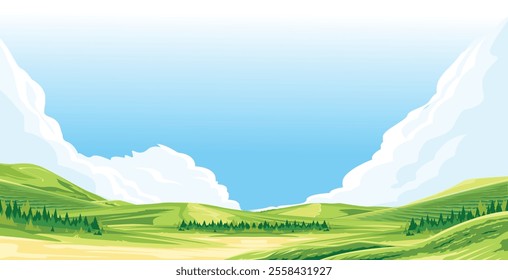 A serene landscape of rolling green hills and a vast blue sky dotted with fluffy white clouds.