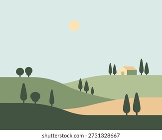 Paisagem serena com colinas e árvores isoladas sobre fundo transparente