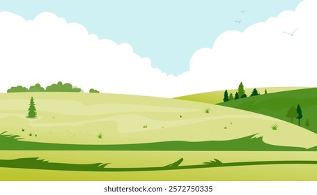 Serene landscape showcasing gently rolling green hills under bright blue sky adorned with fluffy white clouds, perfect for nature-themed projects and backgrounds - vector illustration