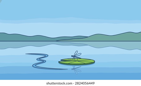Serene landscape showing a dragonfly resting on a green lily pad floating on a calm blue lake with reflection.