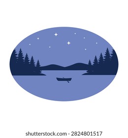 Serene landscape with a small boat floating on a still lake at dusk, surrounded by evergreen trees and a starry night sky, evoking a sense of tranquility and relaxation