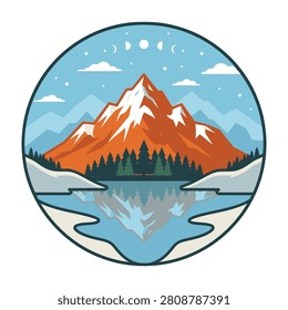 Serene landscape with snow capped mountain reflected in calm lake water surrounded by evergreen trees under blue sky