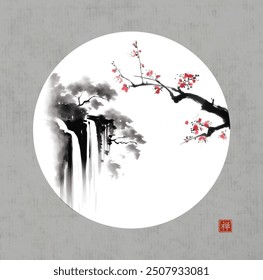 Serene landscape in sumi-e style, featuring misty mountains, a waterfall, and cherry blossoms, framed within a circular border.Translation of hieroglyph - zen.