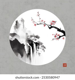 Serene landscape in sumi-e style, featuring misty mountains, a waterfall, and cherry blossoms, framed within a circular border.Translation of hieroglyph - zen.