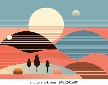 A serene landscape at sunset features stylized hills, a large sun, and smaller celestial bodies in a color palette of warm oranges and cool blues