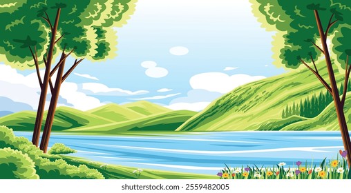 A serene landscape with a tranquil lake surrounded by lush green hills and towering trees under a clear blue sky.