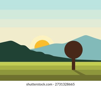 Uma paisagem serena com árvore isolada em fundo transparente ao pôr do sol