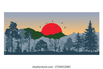 Ruhige Landschaft mit Bäumen und Bergen bei Sonnenuntergang von einem entfernten Aussichtspunkt aus betrachtet