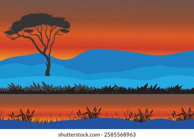 Serene Landscape with Twisted Tree, Rolling Hills, and Reflective Water: Vibrant Minimalistic Design