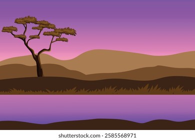 Serene Landscape with Twisted Tree, Rolling Hills, and Reflective Water: Vibrant Minimalistic Design