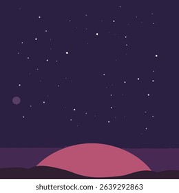 A serene landscape under a starry night sky, featuring a large pink sun or moon rising over dark hills.
