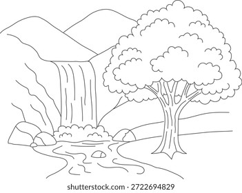 Un paisaje sereno con una cascada y un árbol junto a un río aislado en el fondo blanco