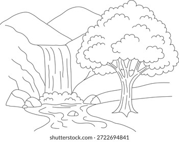 Un paisaje sereno con una cascada y un árbol junto a un río aislado en el fondo blanco